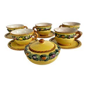 Elegant Vtg Della Robbia 13 pc Espresso Set 6 Cups 5 Saucers Sugar Bowl Bitossi